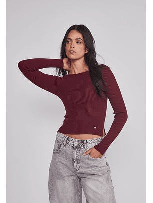 Sweater Mujer Acanalado Cuello Burdeo Sioux