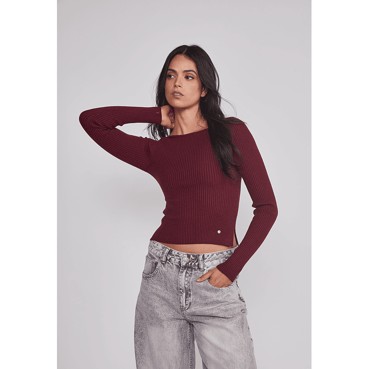 Sweater Mujer Acanalado Cuello Burdeo Sioux 1
