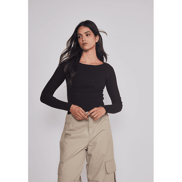 Sweater Mujer Acanalado Cuello Negro Sioux 1