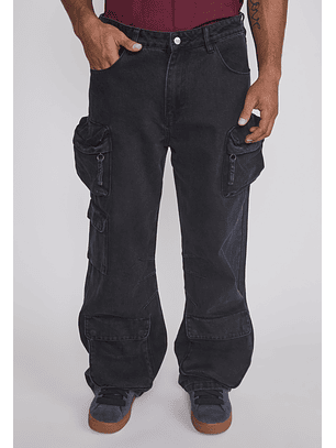 Jeans Hombre Multicargo 3D Cierres Negro Sioux