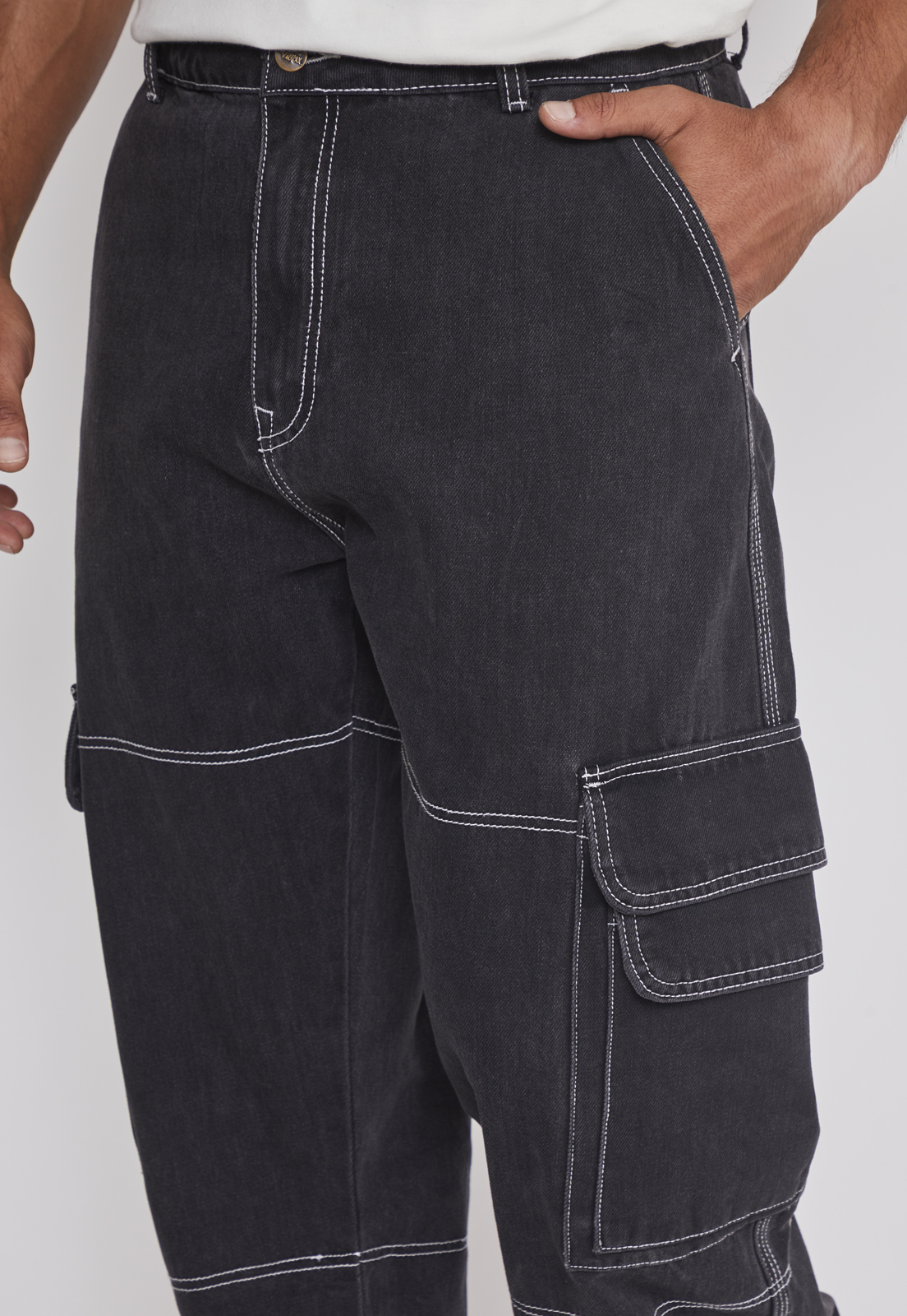 Jeans Hombre Cargo Costuras Negro Sioux 4
