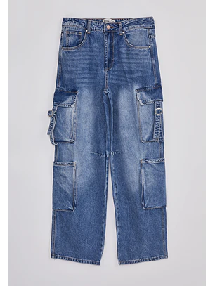 Jeans Mujer Cargo Multi Bolsillos Azul Sioux