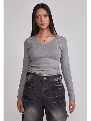 Polera Mujer Básica Cuello V Gris Sioux