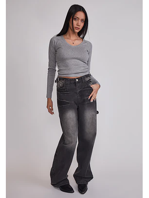 Polera Mujer Básica Cuello V Gris Sioux