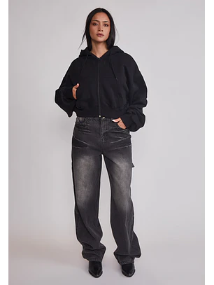 Polerón Mujer Crop Bordado Negro Sioux