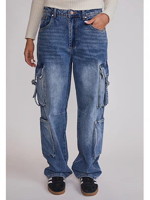 Jeans Mujer Cargo Multi Bolsillos Azul Sioux