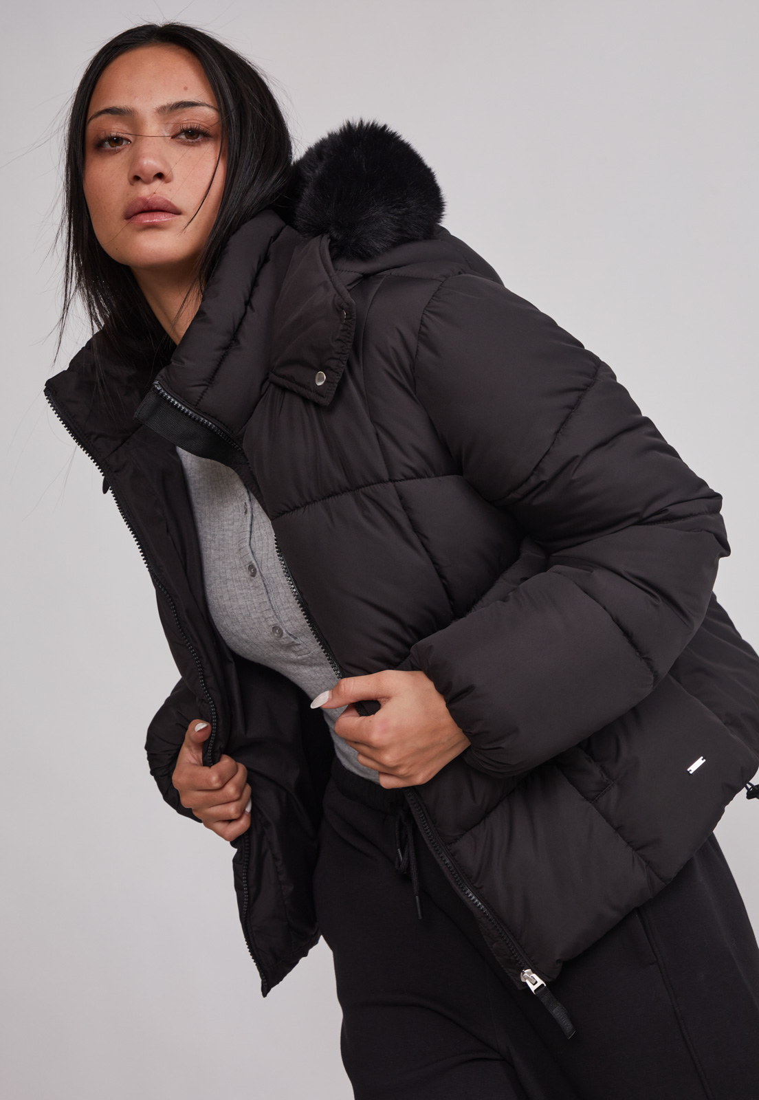 Parka Mujer Puffa Gorro Piel Negro Sioux 5