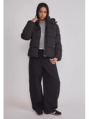 Parka Mujer Puffa Gorro Piel Negro Sioux
