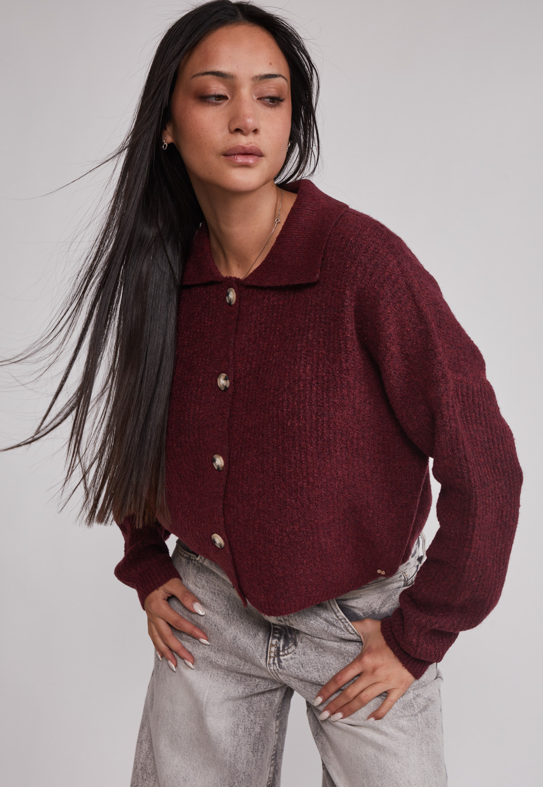 Sweater Mujer Cardigan Con Cuello Burdeo Sioux 5