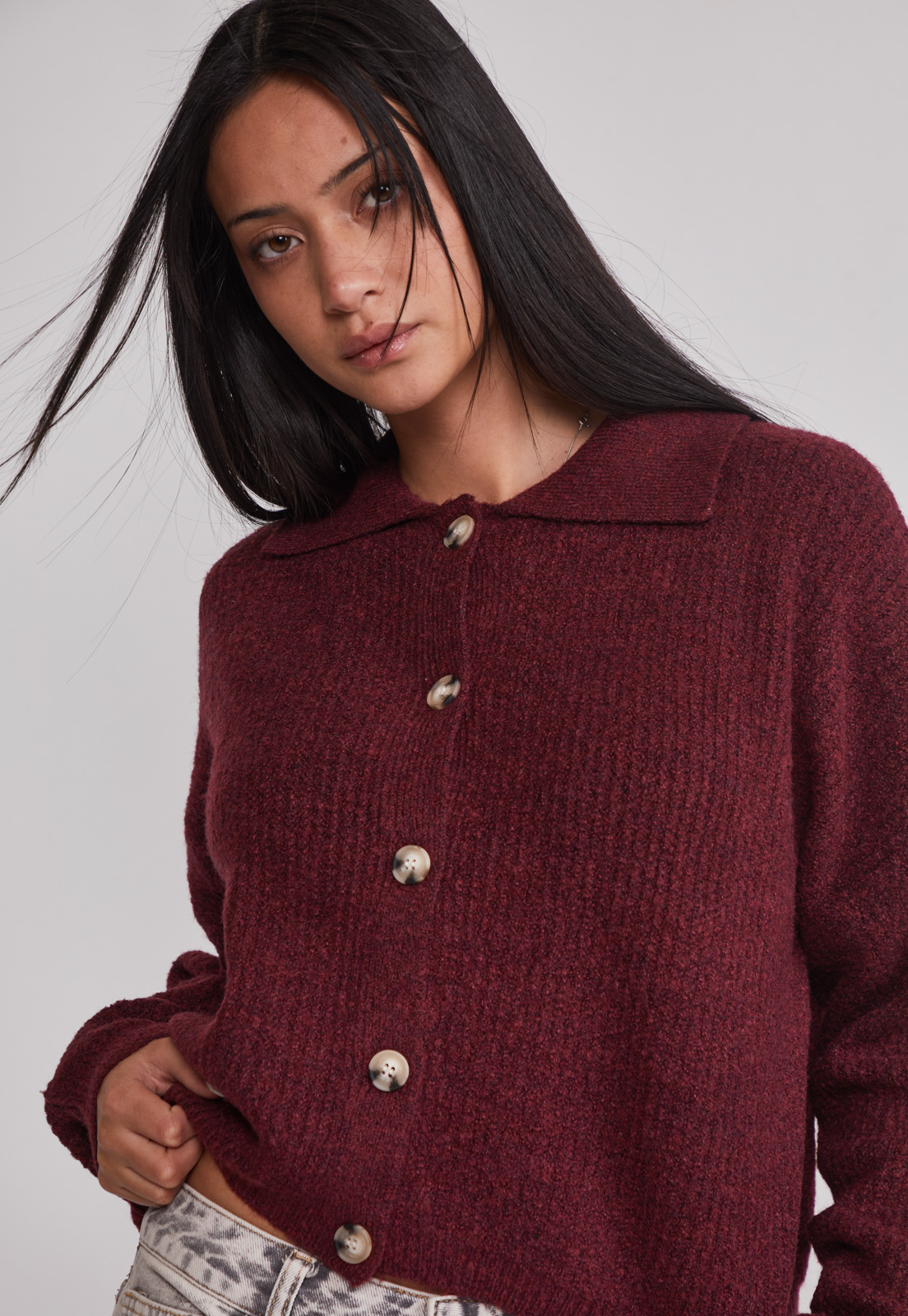 Sweater Mujer Cardigan Con Cuello Burdeo Sioux 4