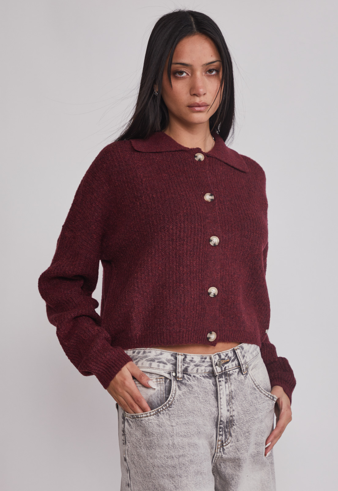 Sweater Mujer Cardigan Con Cuello Burdeo Sioux 1