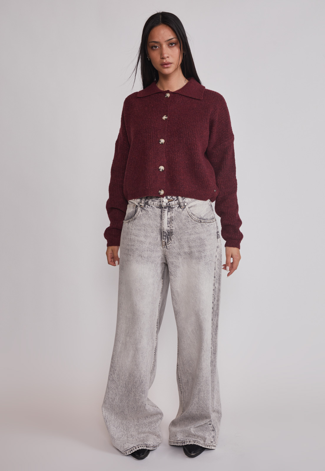 Sweater Mujer Cardigan Con Cuello Burdeo Sioux 2
