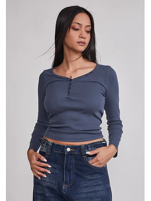 Polera Mujer Botones Escote Azul Sioux