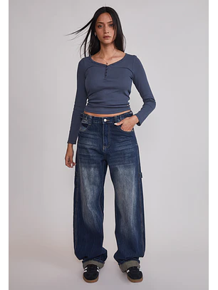 Polera Mujer Botones Escote Azul Sioux