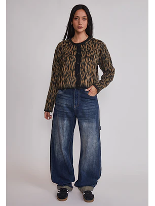 Sweater Mujer Leopardo Abotonado Negro Sioux