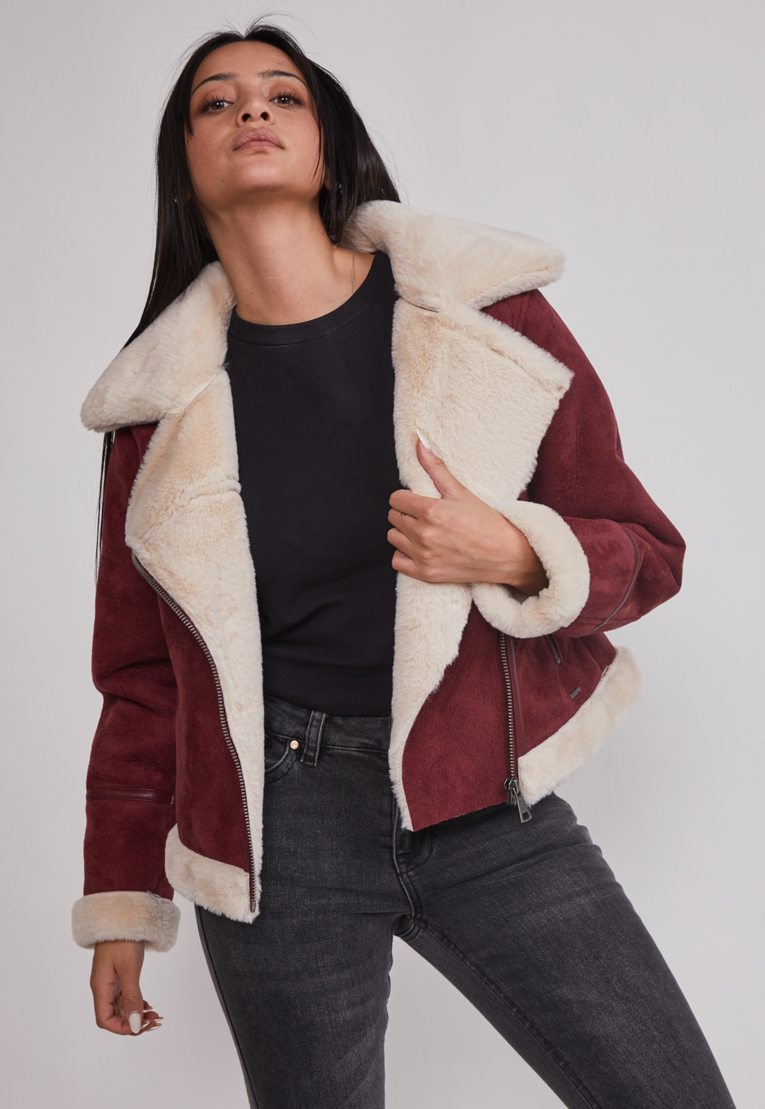 Chaqueta Mujer Aviadora Piel Burdeo Sioux 4
