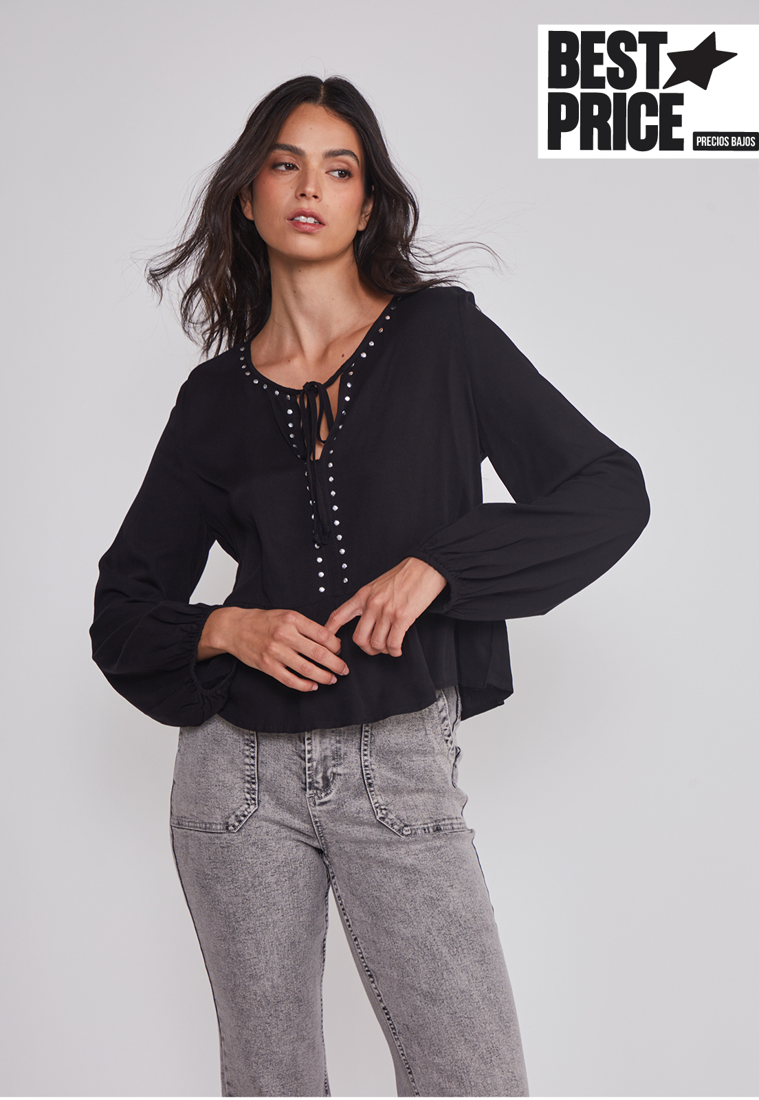 Blusa Mujer Boho Tachas Negro Sioux 1