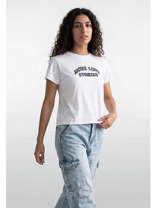 Polera Mujer Texto Bordado Y Flock Blanco
