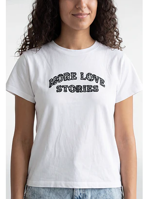 Polera Mujer Texto Bordado Y Flock Blanco