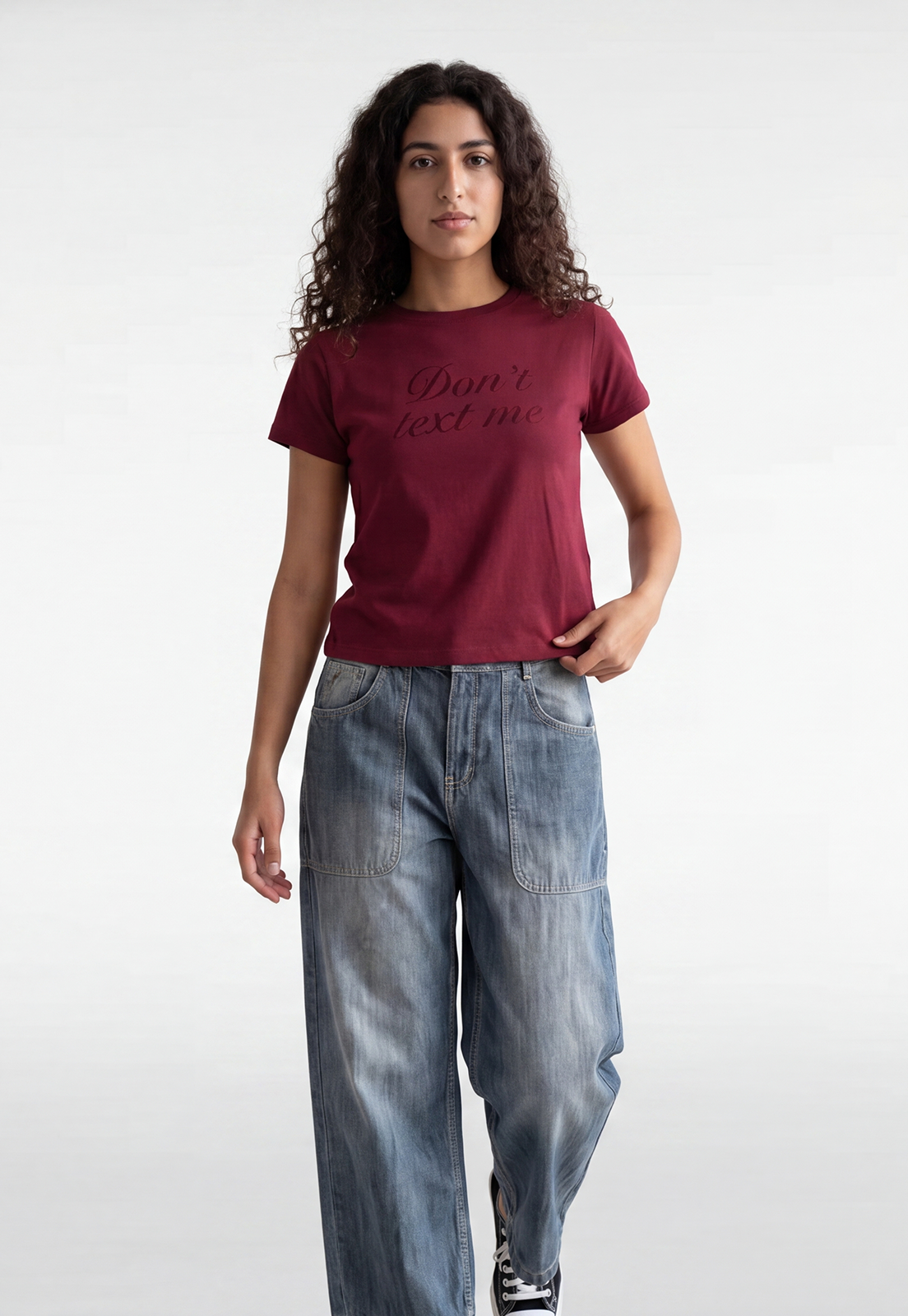 Polera Mujer Texto Bordado Y Flock Burdeo 1