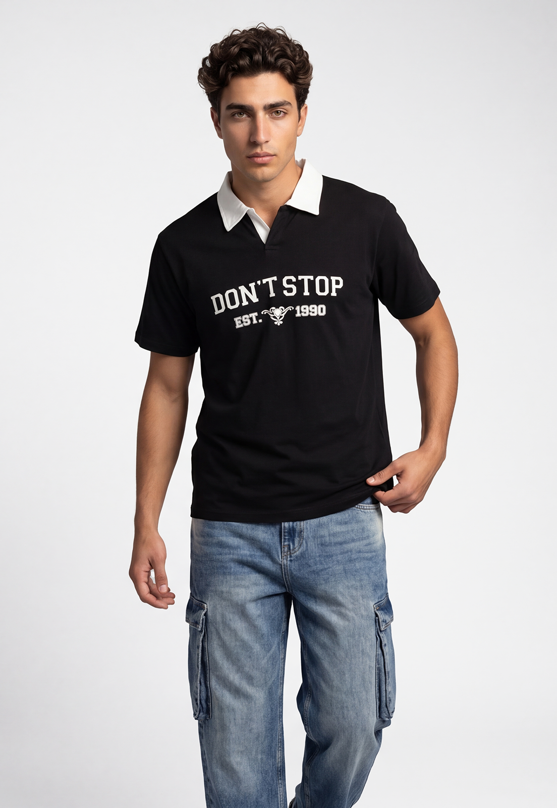 Polera Hombre Boxy Fit Cuello Moda Negro 1