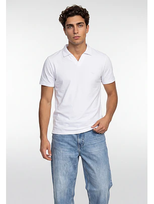 Polera Hombre Piqué Cuello V Blanco