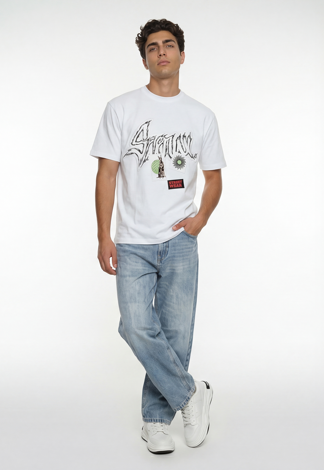 Polera Hombre Estampados Parches Blanco 2