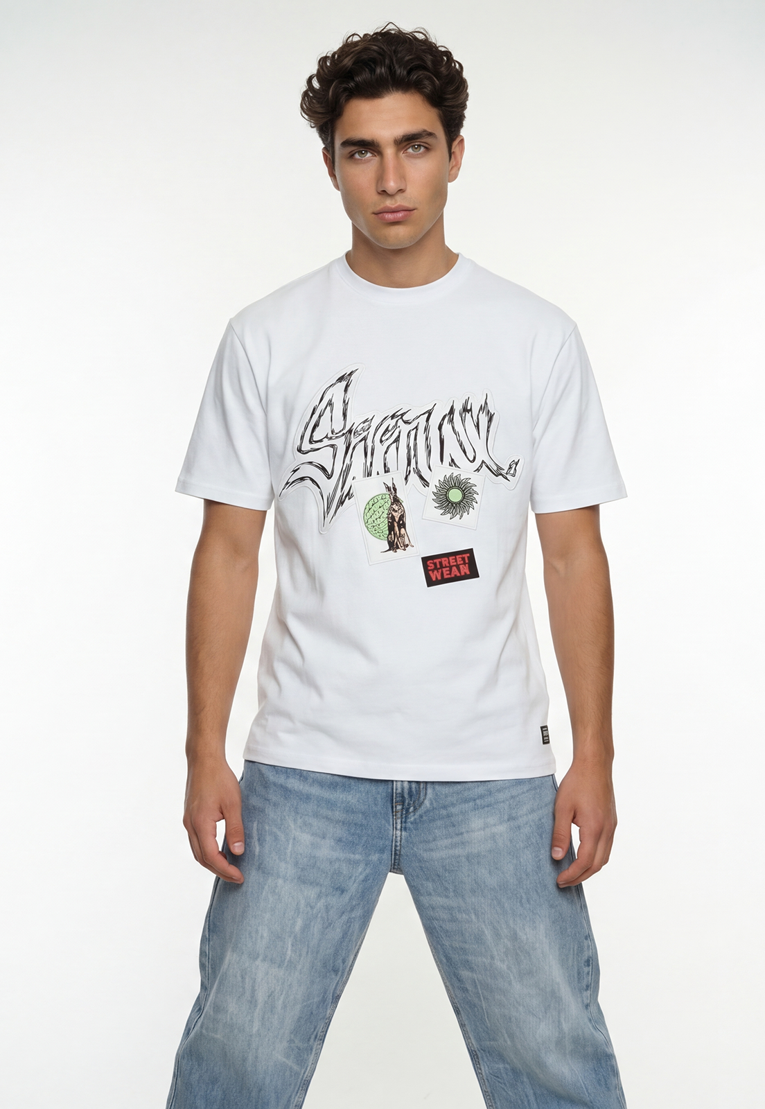 Polera Hombre Estampados Parches Blanco 1