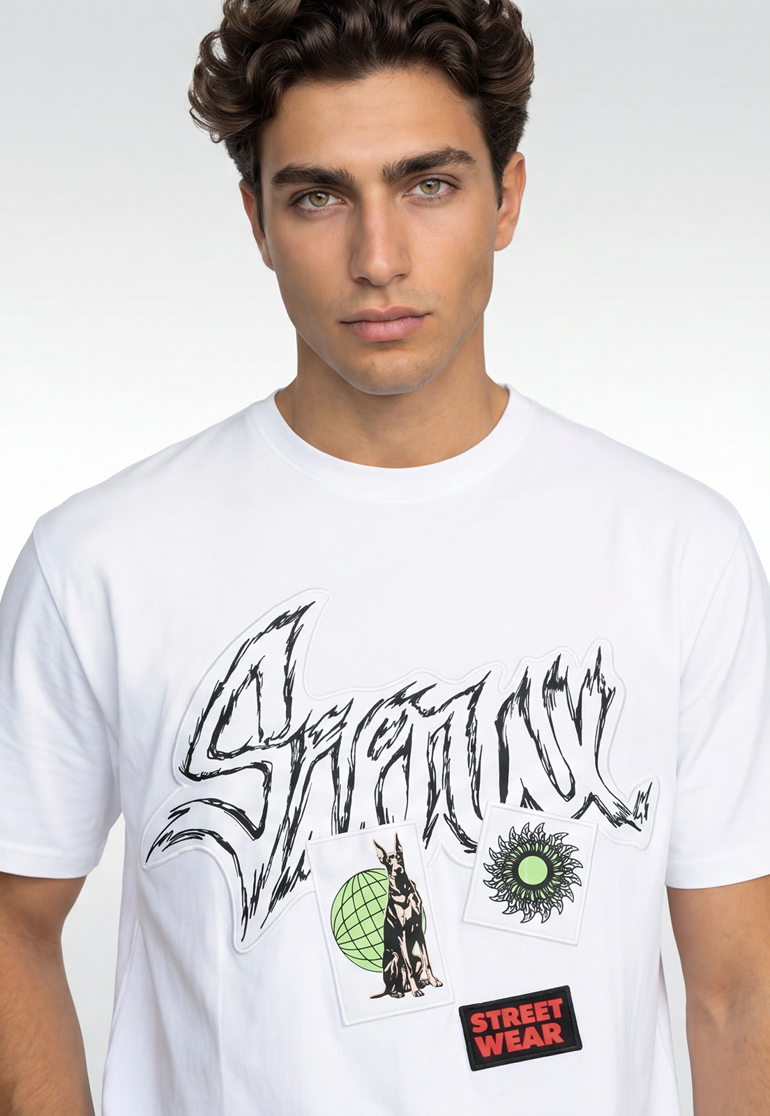Polera Hombre Estampados Parches Blanco 3