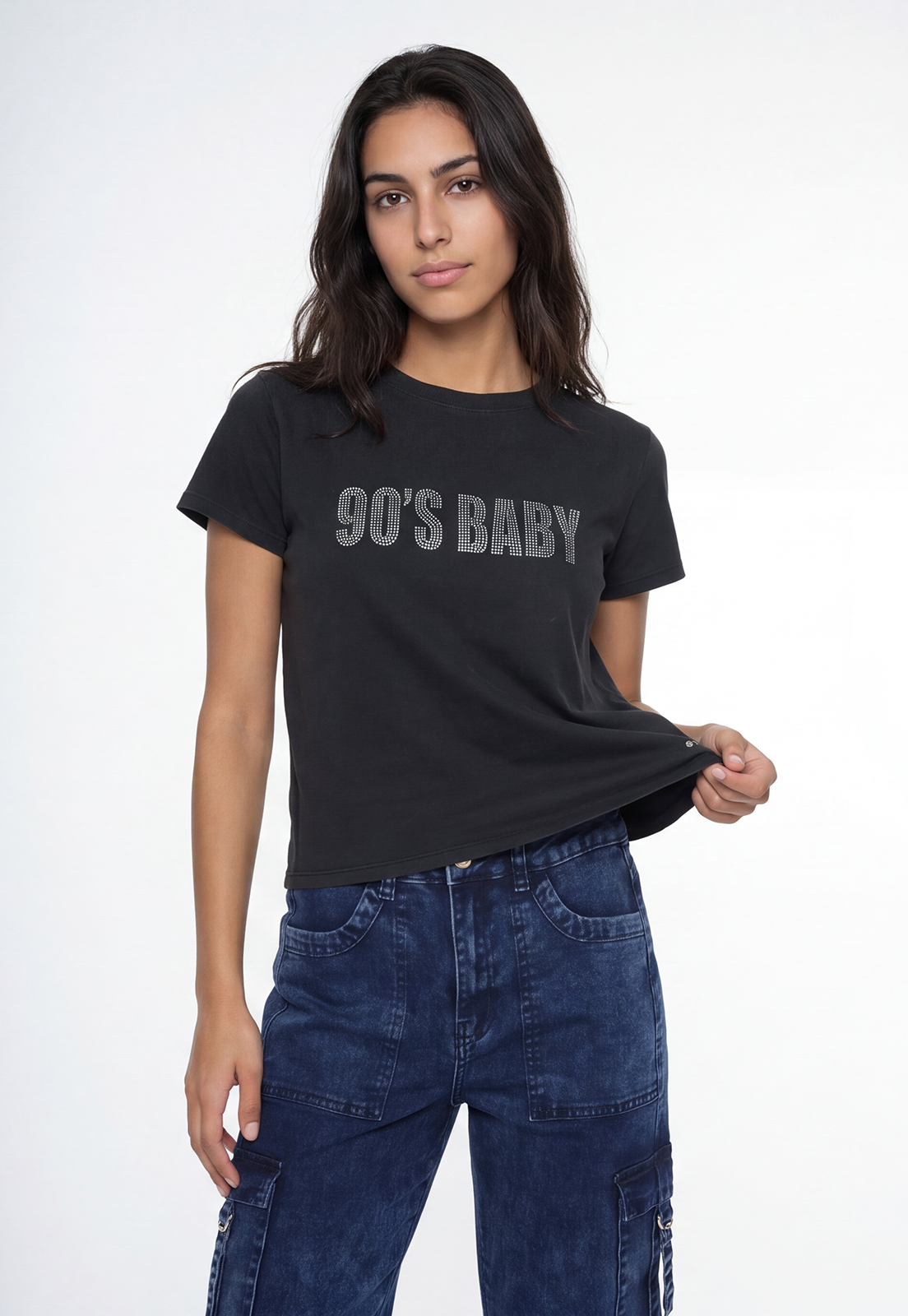 Polera Mujer Lavada Strass Gris 1