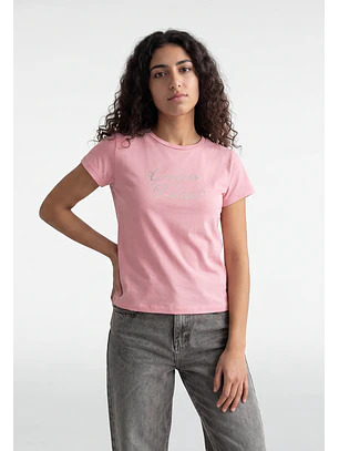 Polera Mujer Texto Brillo Rosado