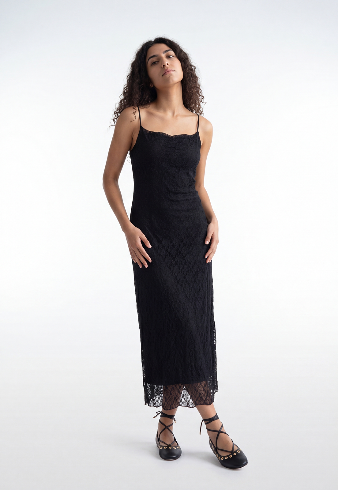 Vestido Mujer Encaje Escote Drapeado Negro 2