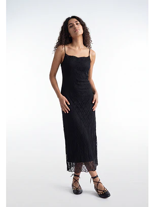 Vestido Mujer Encaje Escote Drapeado Negro