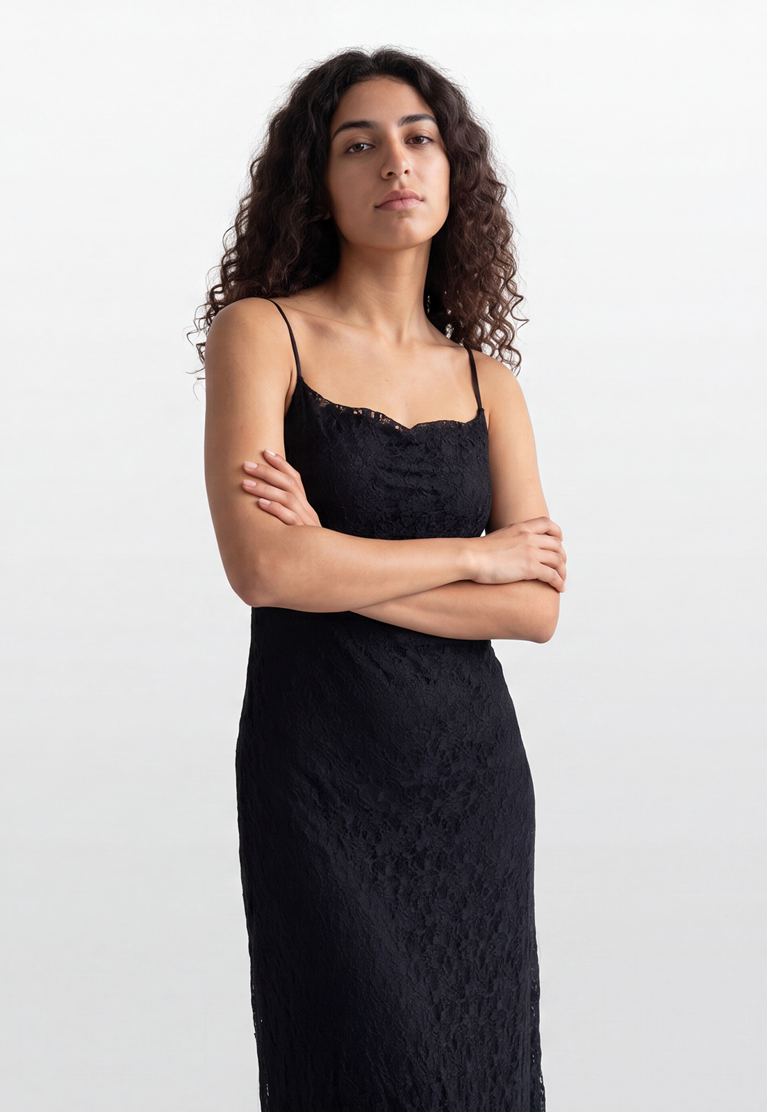 Vestido Mujer Encaje Escote Drapeado Negro 1