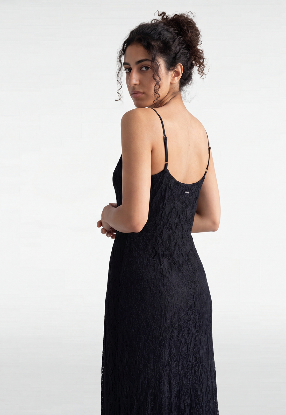 Vestido Mujer Encaje Escote Drapeado Negro 4