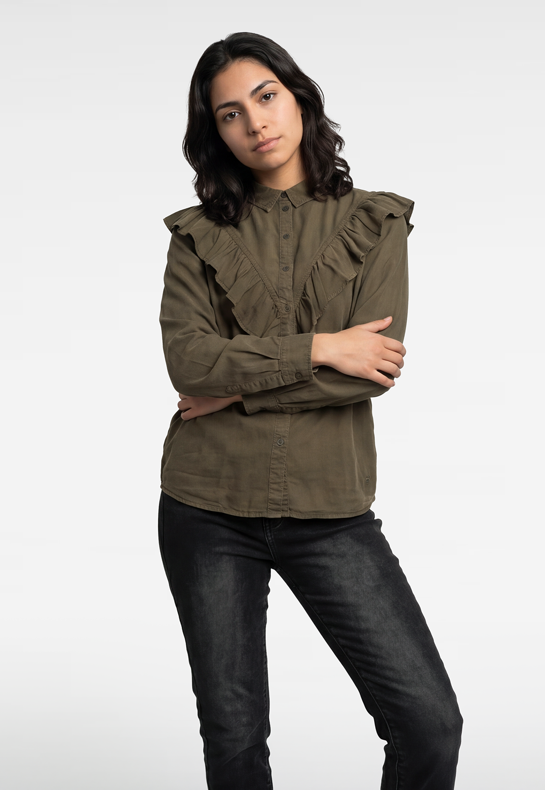 Blusa Mujer Lyocell Volantes Café 1