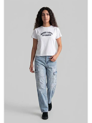 Polera Mujer Texto Bordado Y Flock Blanco