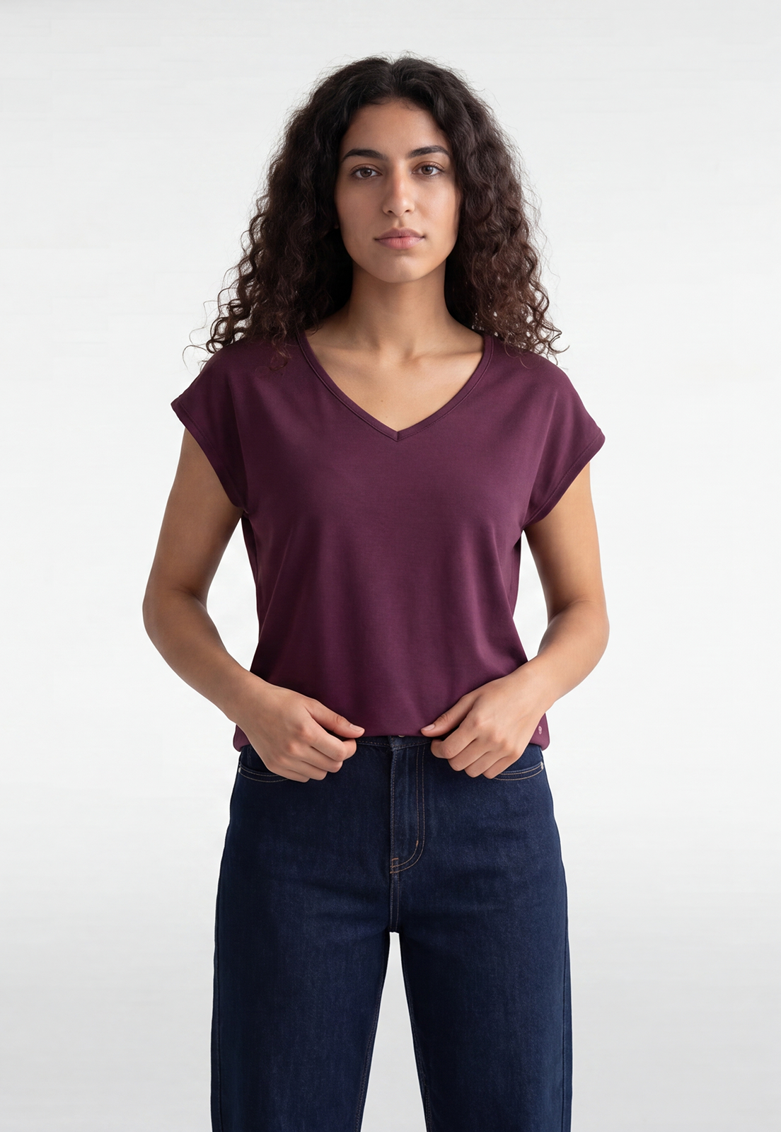 Polera Mujer Cuello V Soft Burdeo 1