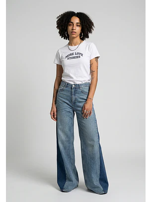 Jeans Mujer Extra Wide Led Bicolor Celeste