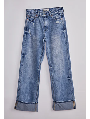 Jeans Mujer Wide Leg Folded Celeste