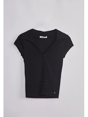 Polera Mujer Cuellos Broches Delantero Negro