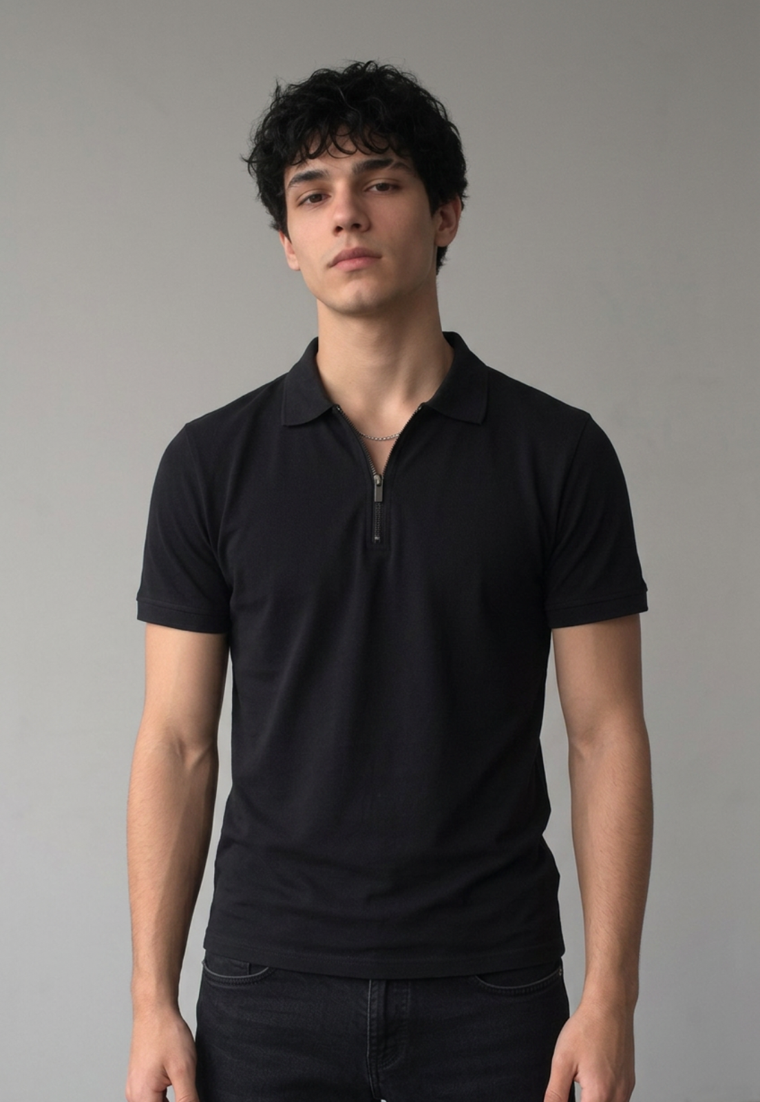Polera Hombre Piqué Cierre Negro 1