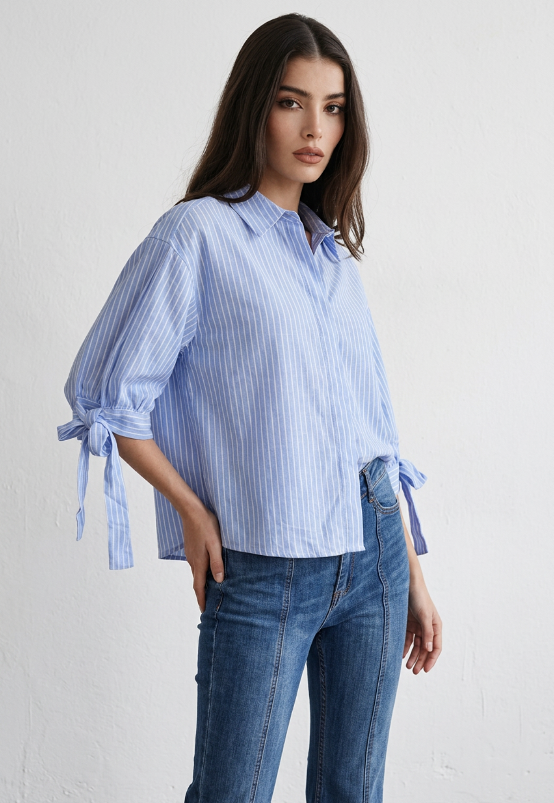 Blusa Mujer Lazos Mangas Celeste 3