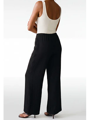 Pantalón Mujer Corrugado Wide Leg Liso Negro