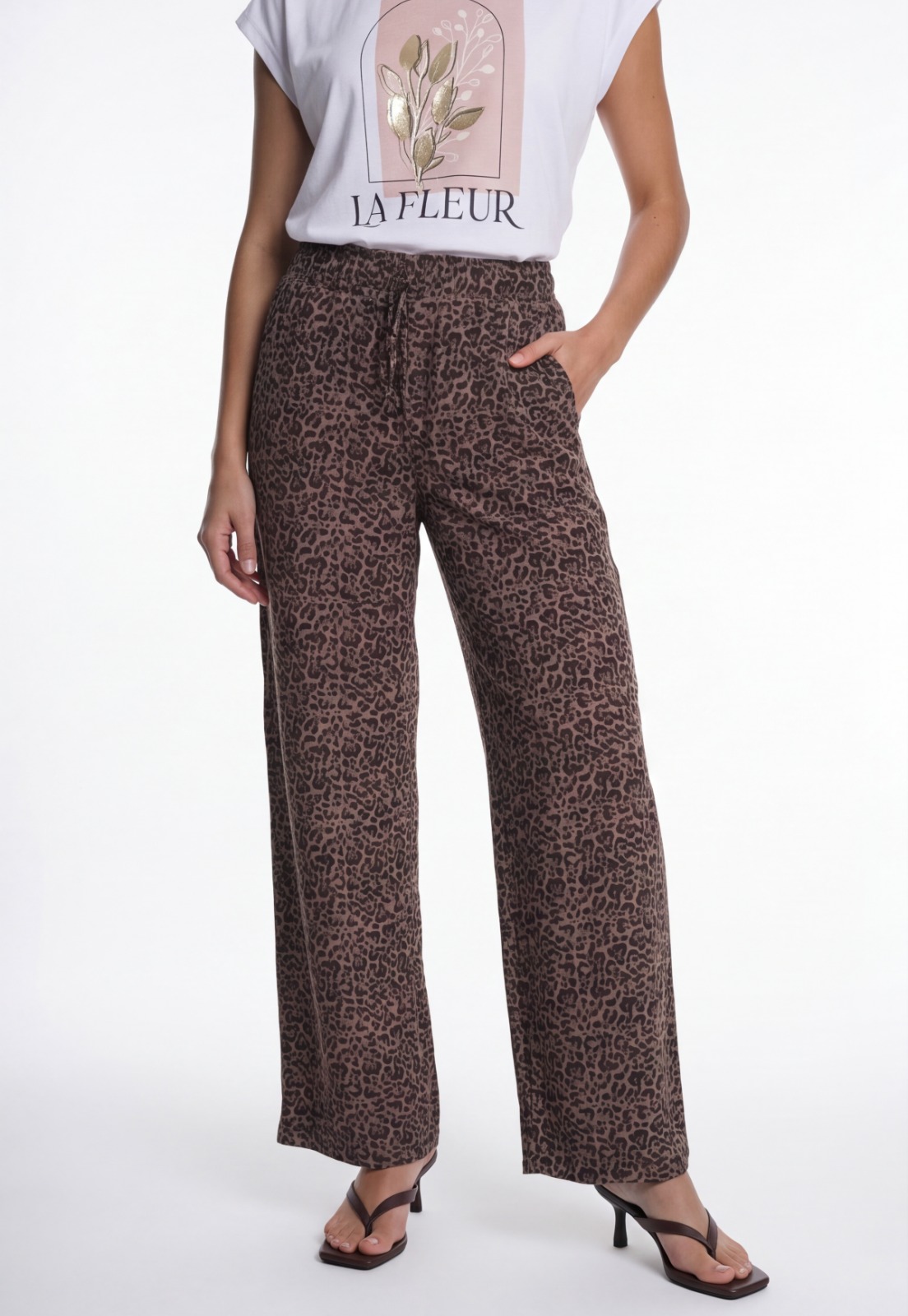 Pantalón Mujer Lino Full Print Café 1
