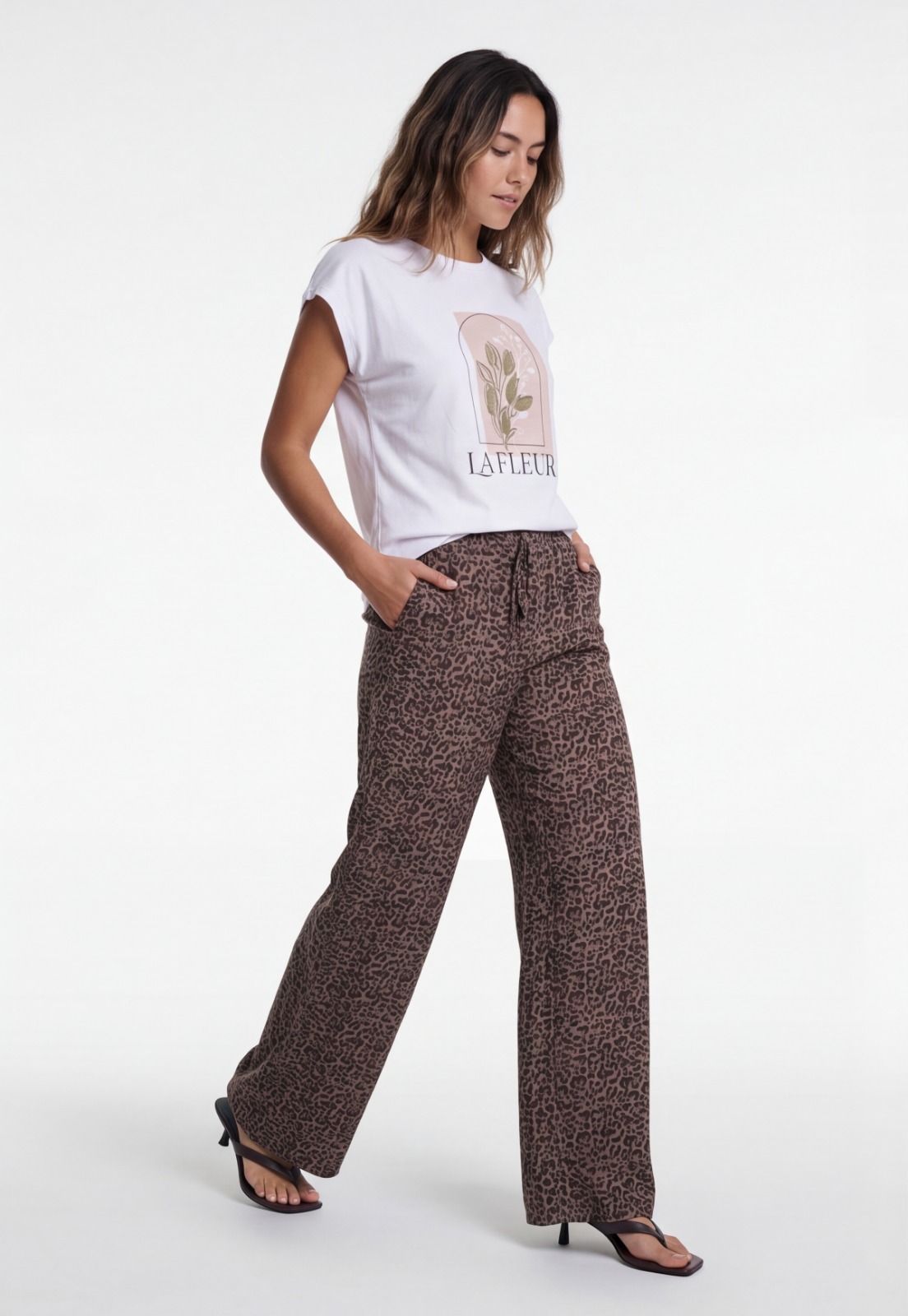 Pantalón Mujer Lino Full Print Café 4
