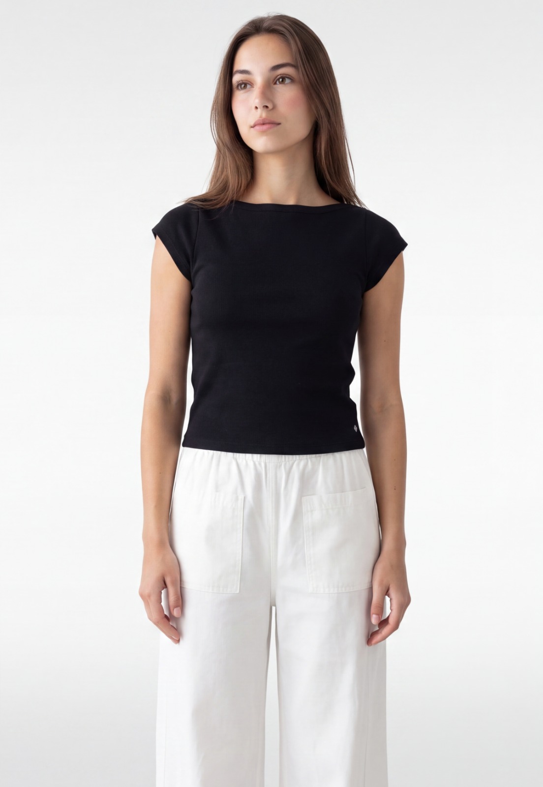 Polera Mujer Rib Cuello Bote Negro 1