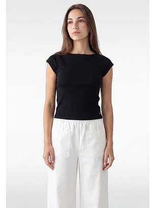 Polera Mujer Rib Cuello Bote Negro