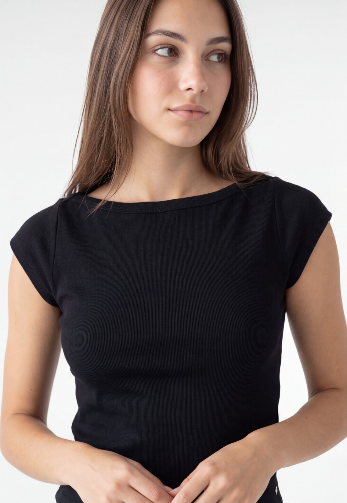 Polera Mujer Rib Cuello Bote Negro 3