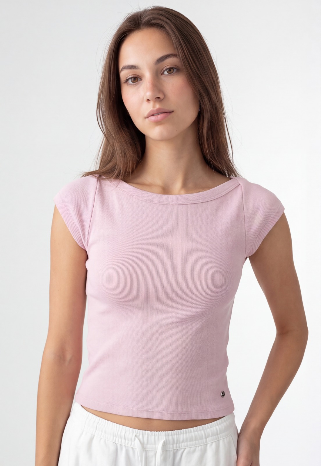 Polera Mujer Rib Cuello Bote Rosado 3